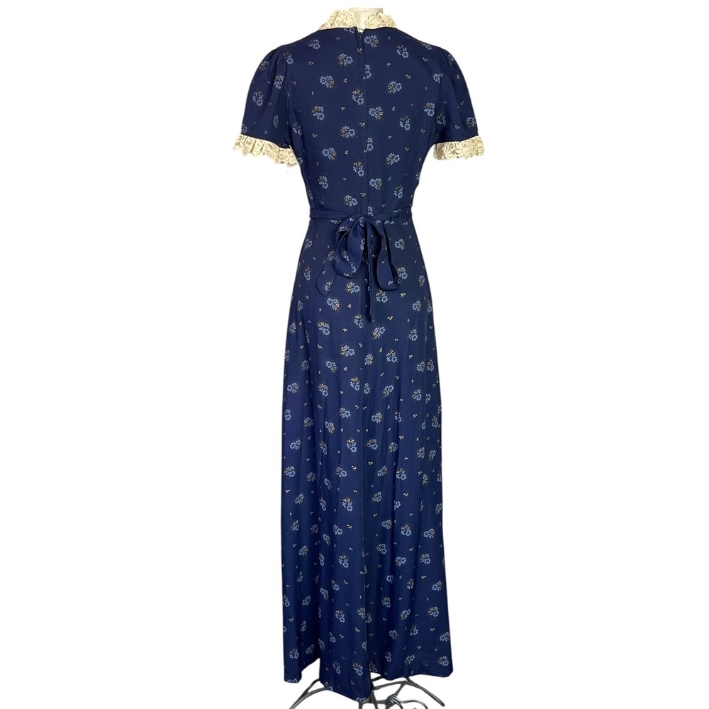 Vintage Navy Blue Floral Maxi Dress Lace Trim Tie Back Cottagecore Prairiecore - Picture 6 of 7